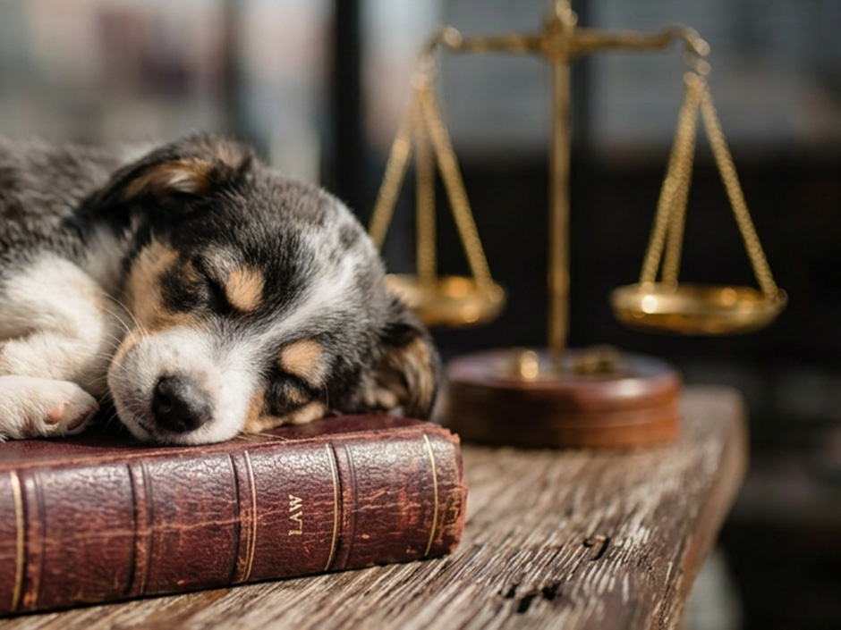 Ein Hund schläft auf einem Gesetzesbuch, im Hintergrund steht eine Gerichtswaage auf dem Tisch.
