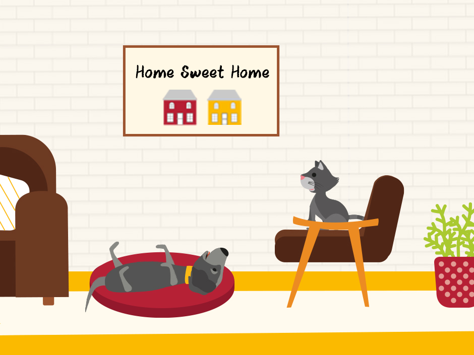 Hund und Katzen entspannen sich im Wohnzimmer. (Grafik)