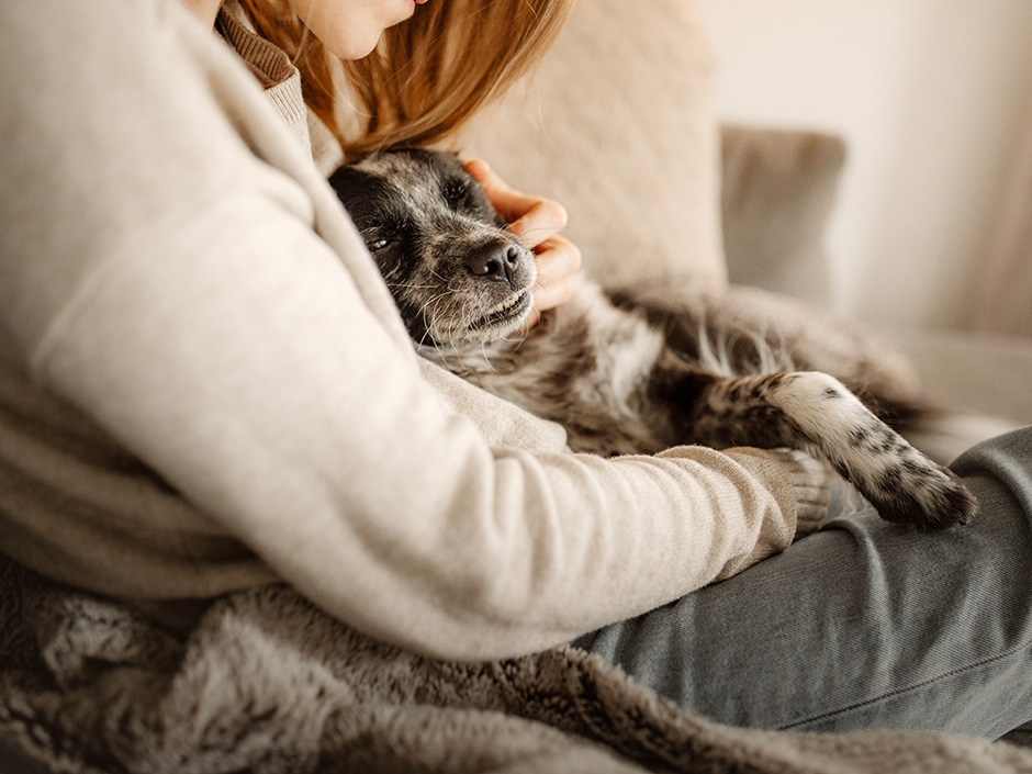 Eine Frau sitzt mit einem Hund kuschelnd auf einer Couch.