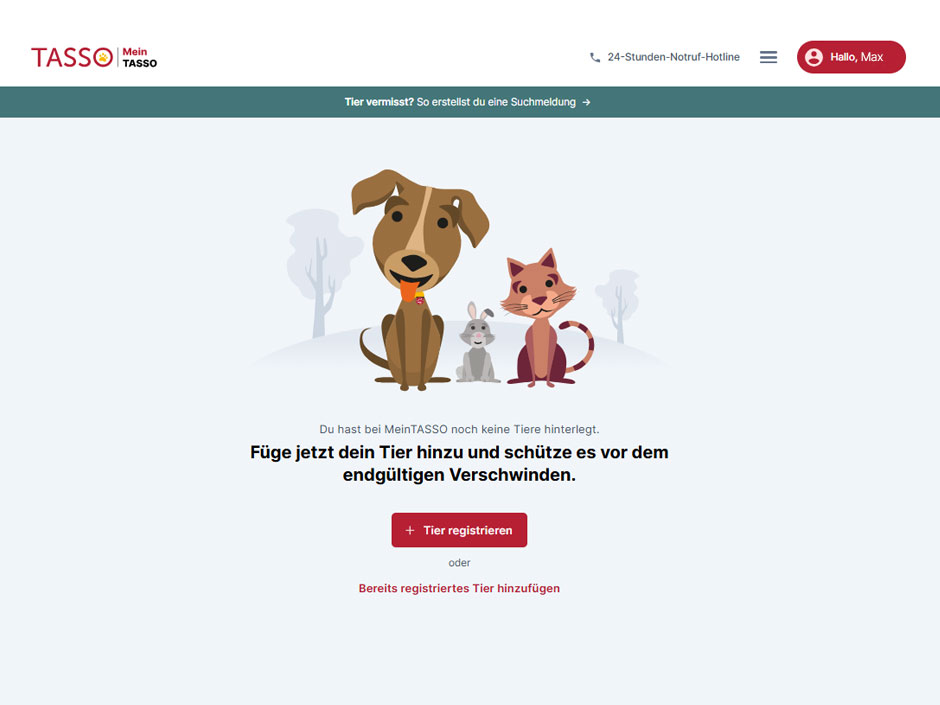 MeinTASSO Startbildschirm