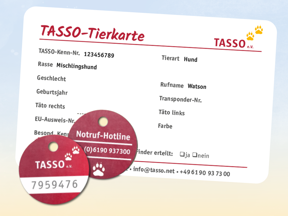 TASSO-Plakette und Tierausweis mit der TASSO-Kenn-Nummer.