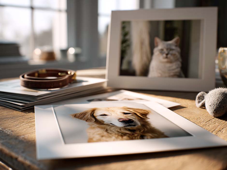 Hundefoto und Katzenfoto auf Wohnzimmertisch.