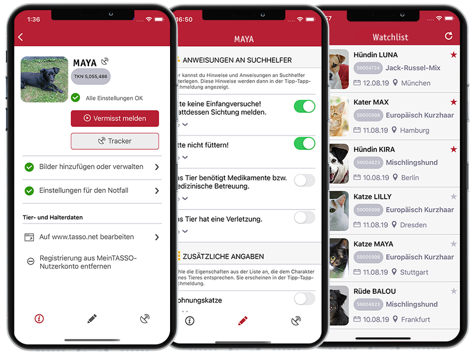 Screenshots der TASSO-App: Tipp-Tipp